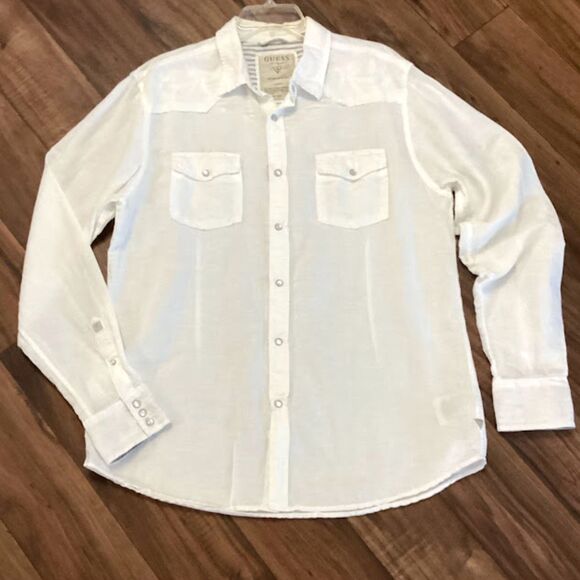 Guess Button Down Shirt Men's XL White Pearl Snap Button Western Long Sleeve - Picture 4 of 9